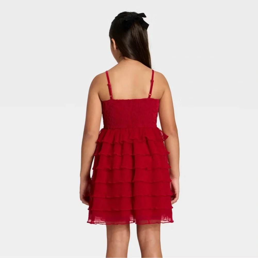 Cat & Jack Girls' Tiered Lace Dress - Dark Red, XS (4/5)